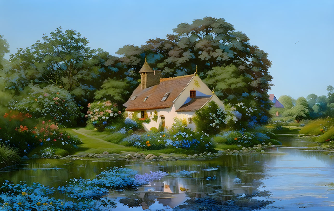 Tranquil countryside cottage with lush trees and serene pond