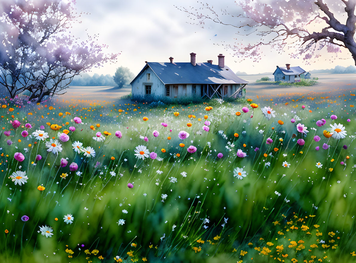Rural landscape with old house, blooming fields, trees, and soft-lit sky