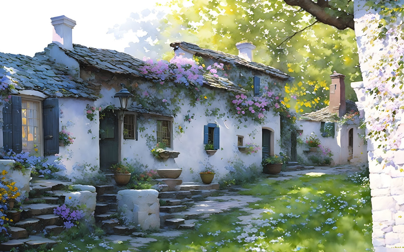 Picturesque cobblestone street with ivy-covered cottages and tree canopy