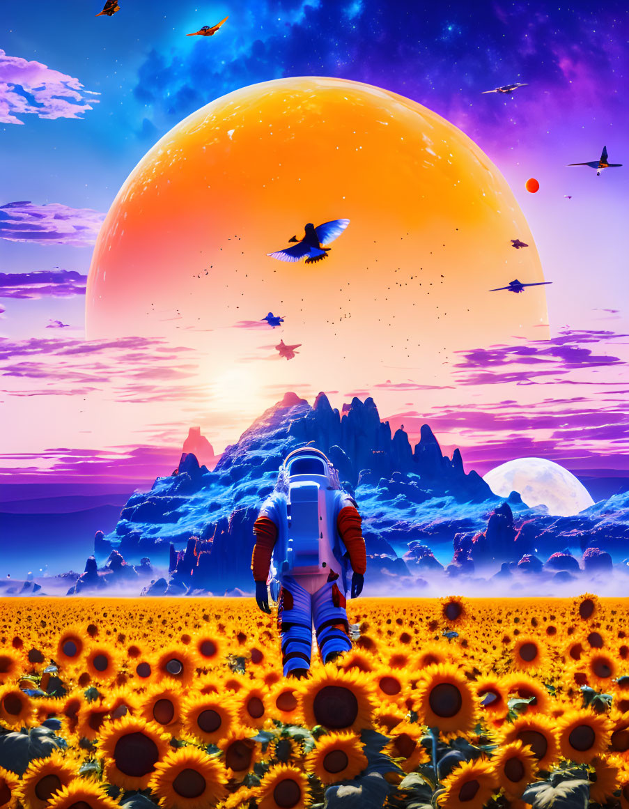 Astronaut in sunflower field on alien planet with moons and colorful sky