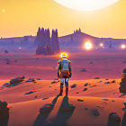 Person with backpack in vast desert at sunset with distant rock formations and two suns on horizon.