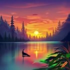 Tranquil sunset over lake with pine trees and deer