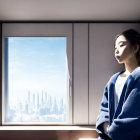 Woman in Blue Top Contemplating Cityscape from Window