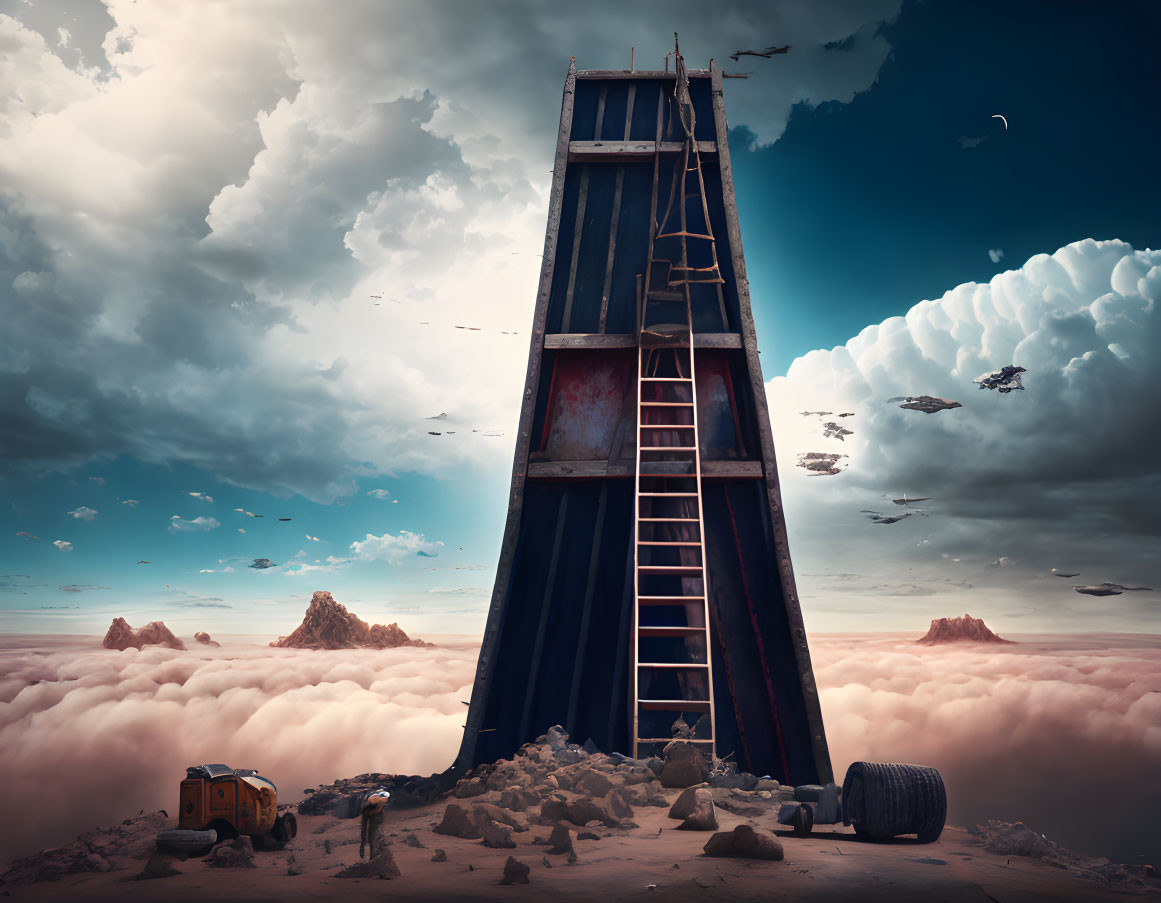 Surreal landscape with tall ladder, floating rocks, and abandoned bus