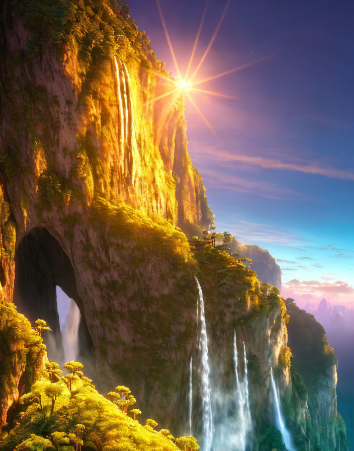 Majestic cliff with greenery, waterfalls, arch, and mountains in sunlight