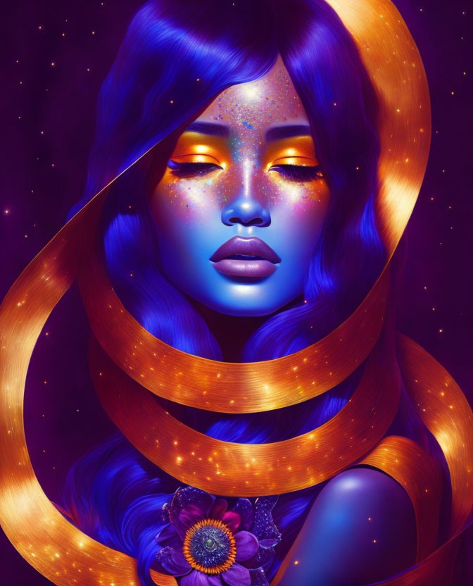 Colorful portrait of a woman with blue skin and galaxy hair