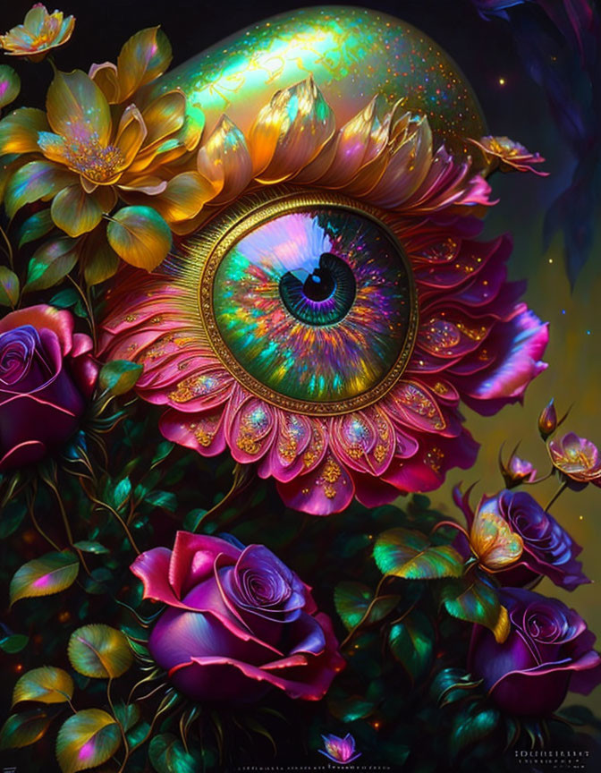 Colorful digital artwork of ornate eye with flowers and foliage on cosmic backdrop