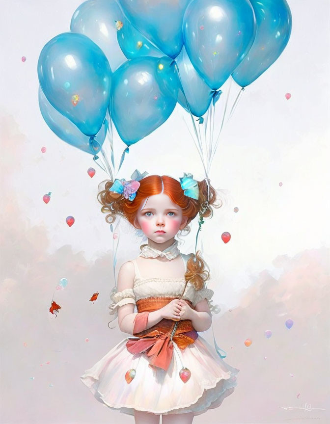 Stylized illustration of young girl with blue balloons and hearts