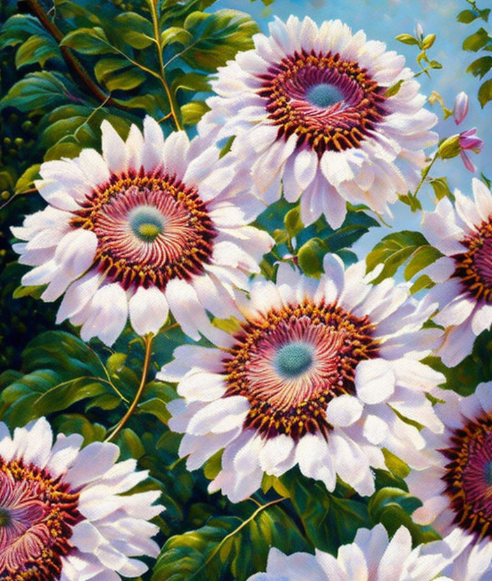 Colorful painting of white and purple sunflowers with green leaves on blue background