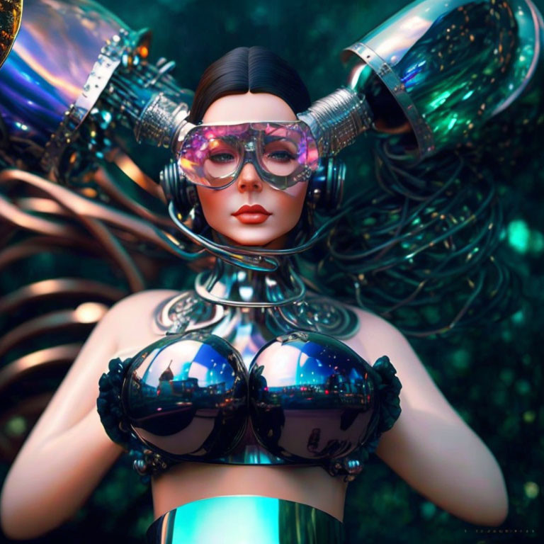 Futuristic female android with glossy metal body parts and intricate headgear