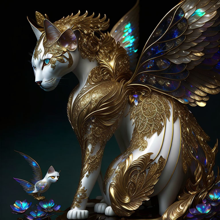 Fantasy Cat Creature with Golden Embellishments and Iridescent Wings