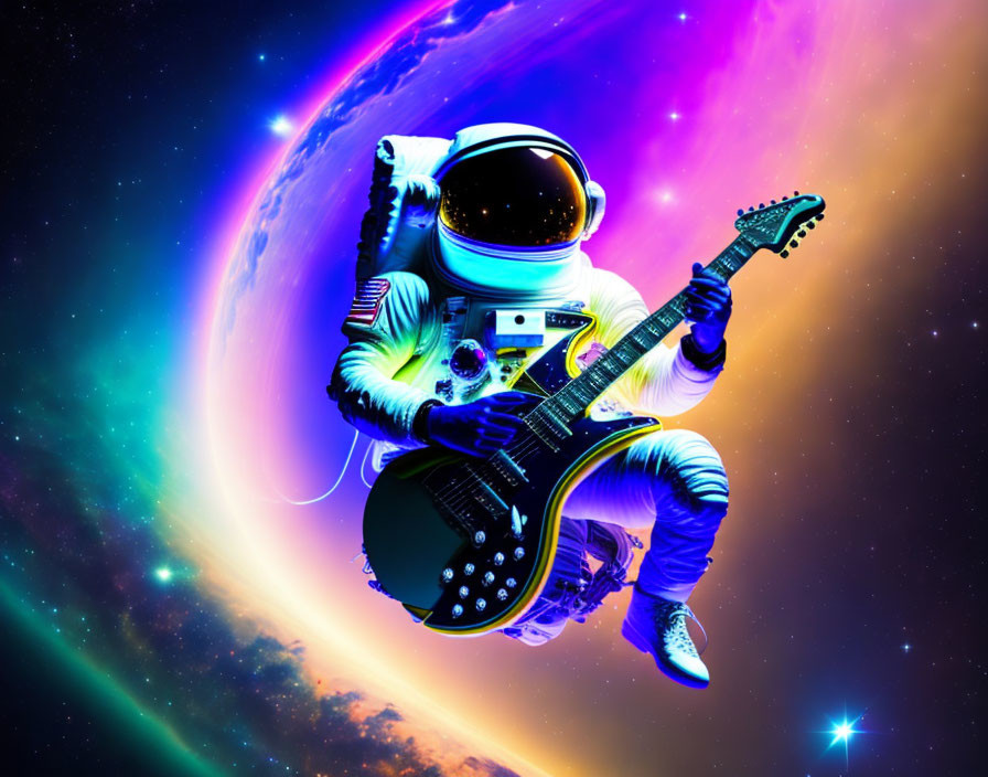 Astronaut playing electric guitar in space with vibrant nebula and colorful planet.