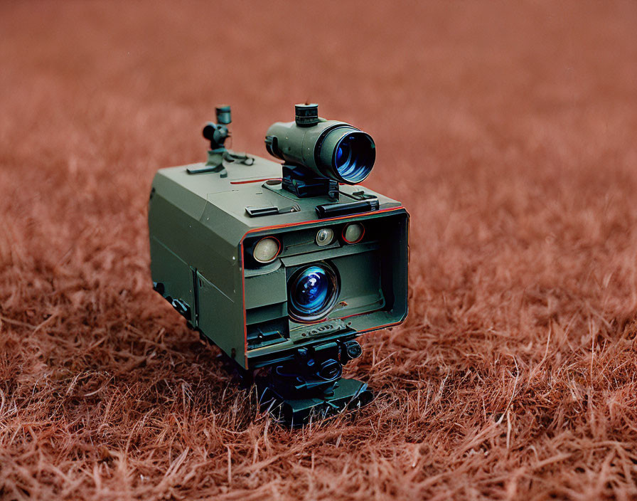 Miniature green vehicle with camera and scope on textured reddish surface