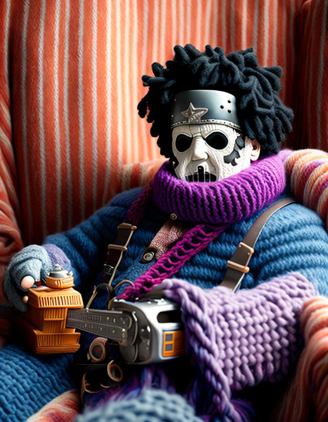 Person in Skull Mask with Camera and Colorful Knitted Scarf Sitting on Striped Cushion