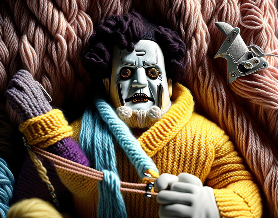 Detailed Robot-Face Figure in Yellow Sweater Surrounded by Yarn