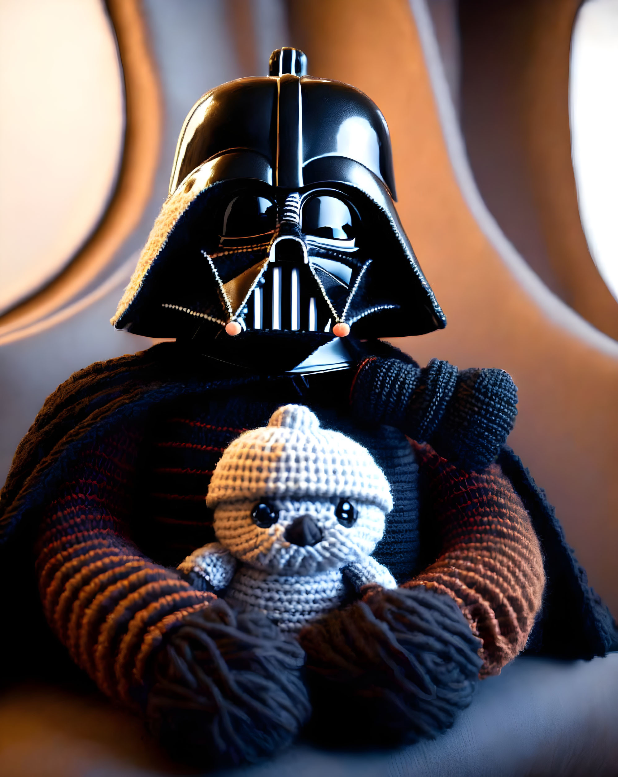 Sci-fi character with knitted toy in spaceship interior