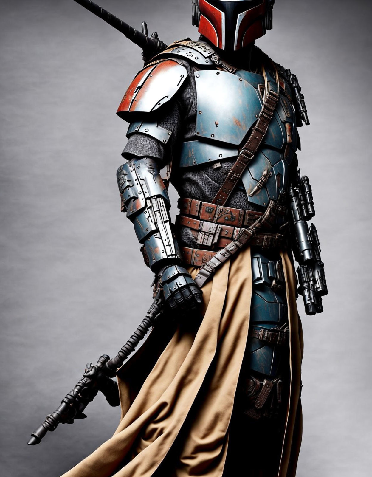 Detailed Mandalorian armor with helmet, cape, blaster on grey backdrop