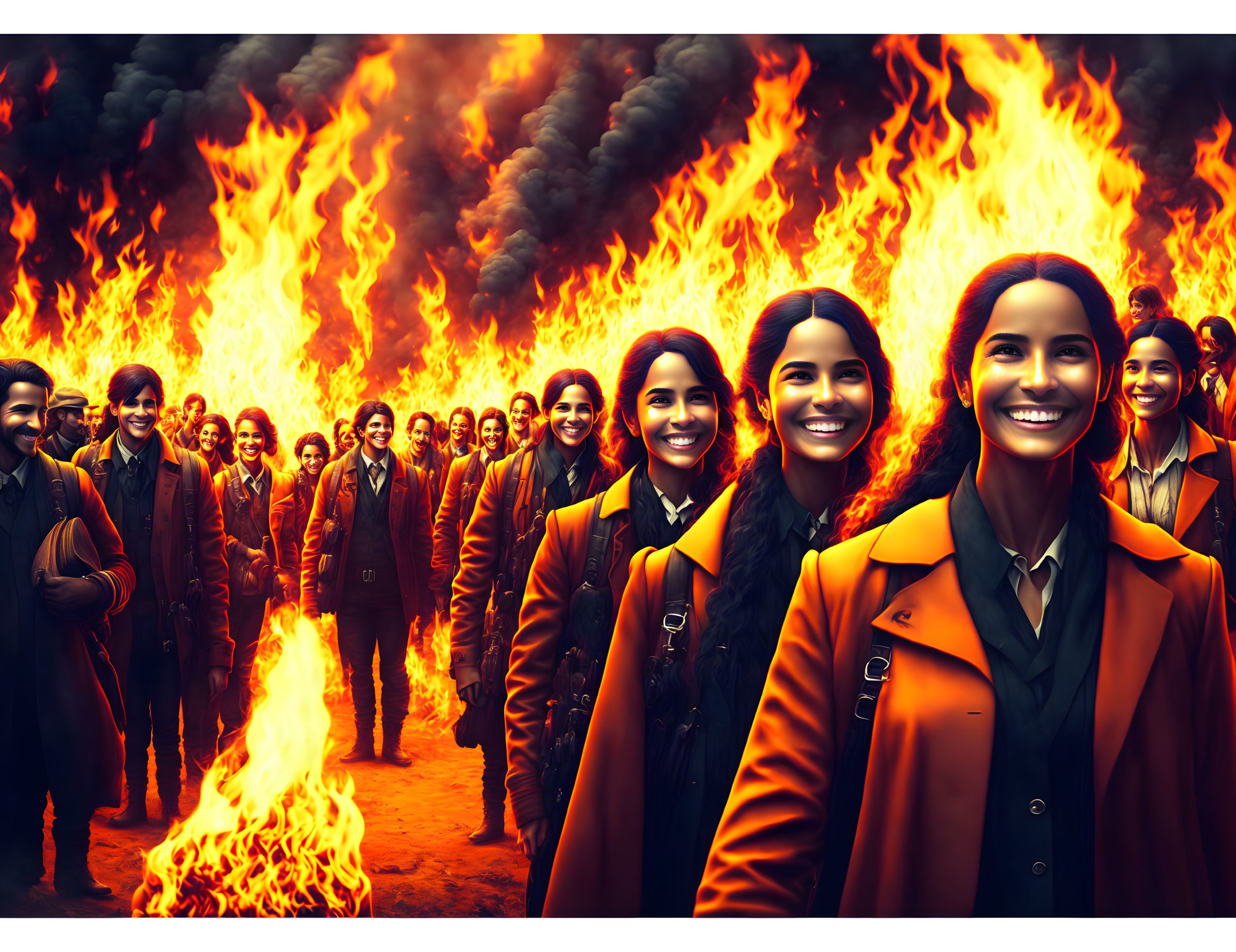 Smiling people in dark coats against towering flames