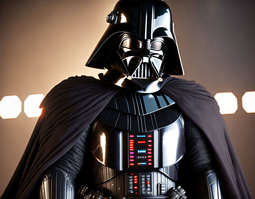 Detailed image: Figure in black armor and helmet with cape, set against glowing panels.