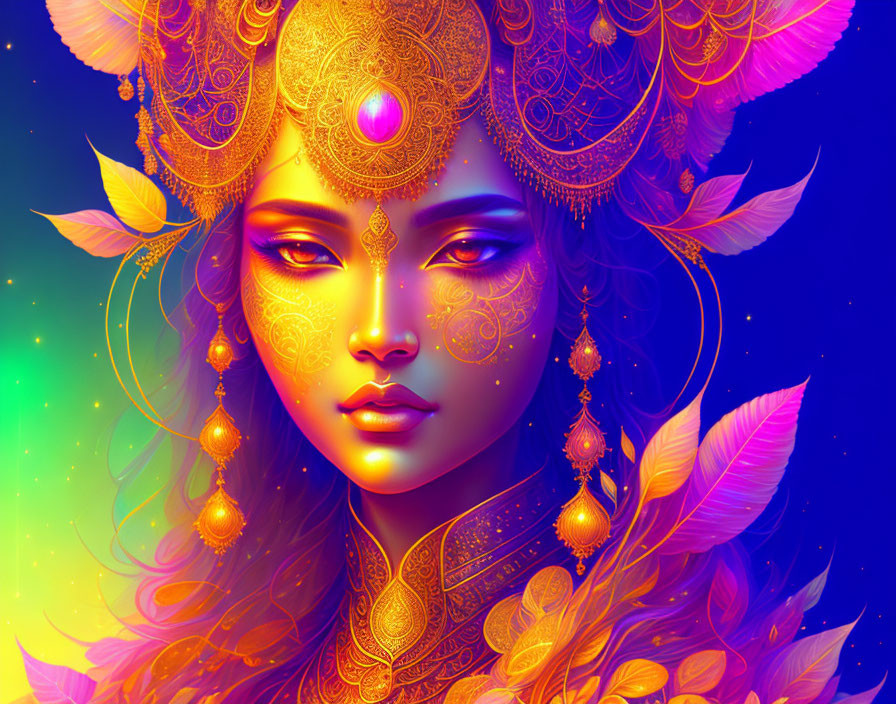 Colorful illustration of woman with golden headdress on blue and yellow backdrop