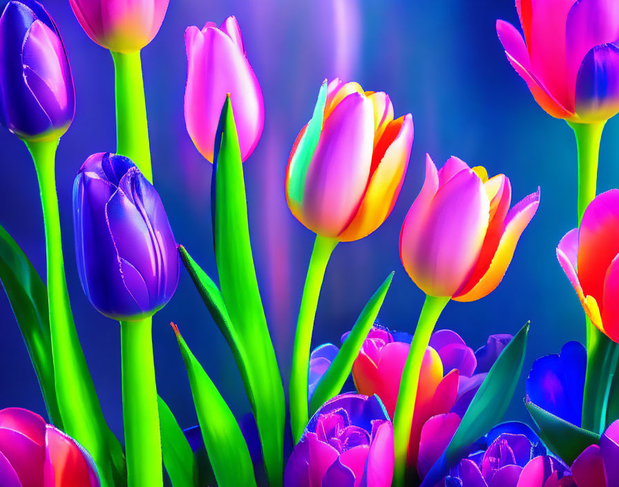 Colorful Tulips on Blue Background with Soft Lighting