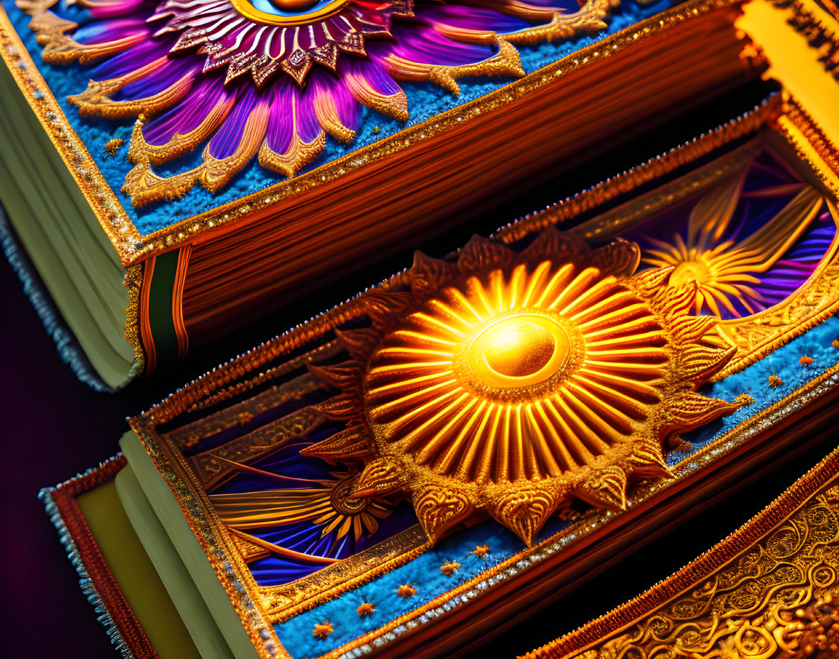 Colorful ornate book with golden edges and mandala designs on cover and pages