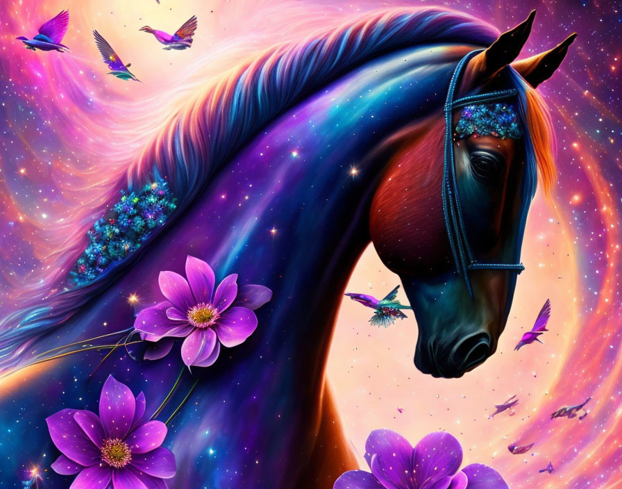 Cosmic-themed horse with flowers in vibrant space scene