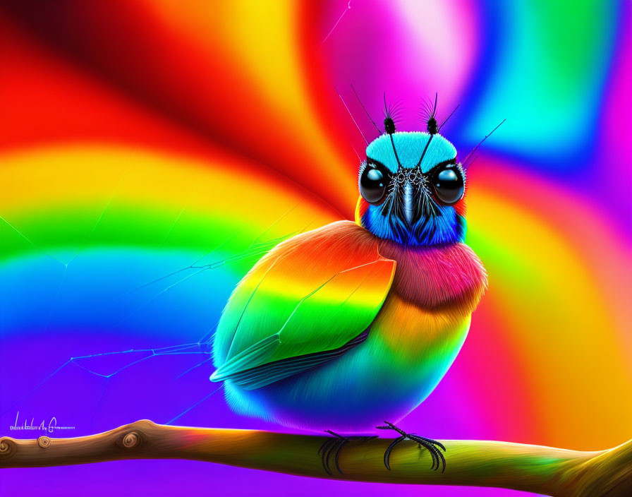 Colorful Bird Illustration with Oversized Eyes on Psychedelic Rainbow Background