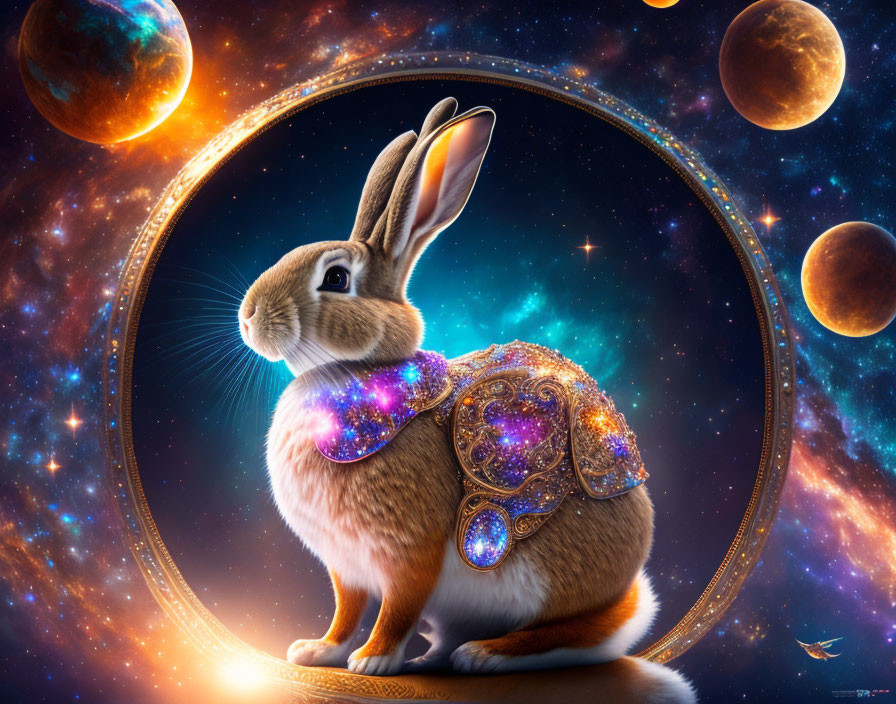 Celestial armor-clad rabbit in cosmic setting