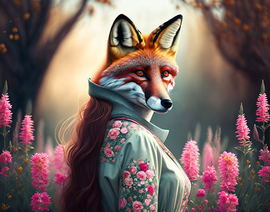 Fox with human body in traditional attire among pink flowers and warm bokeh.