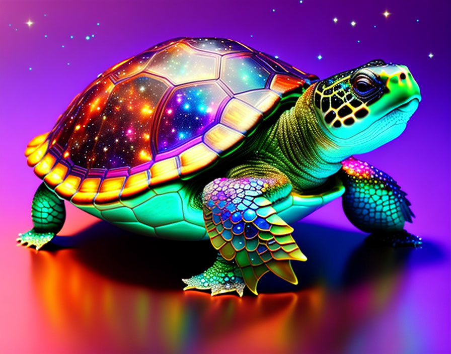 Vibrant galaxy-themed turtle on purple background