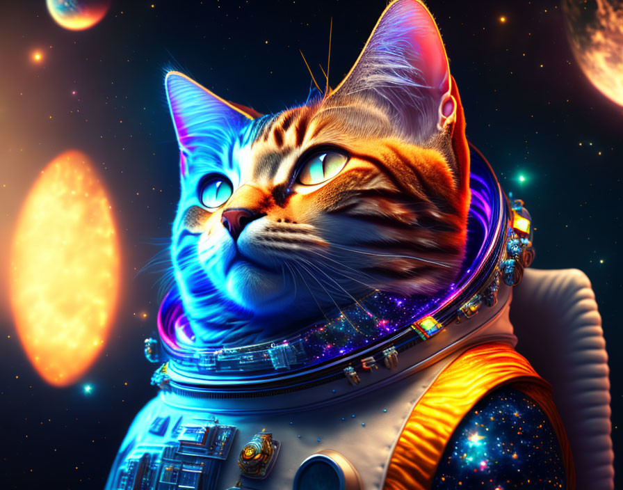 Colorful Cat in Space Helmet Digital Artwork