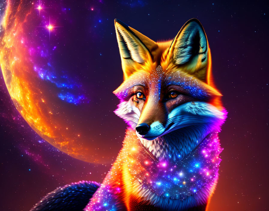 Colorful Cosmic Fox Art with Starry Fur Texture and Nebula Background