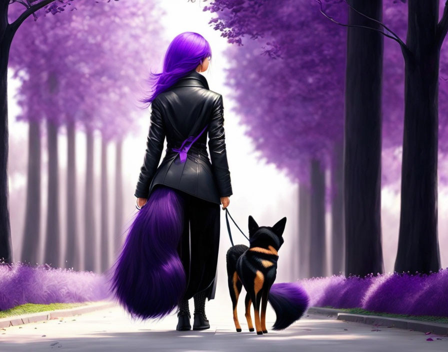 Woman with Purple Hair Walking Black Dog Among Trees with Purple Foliage