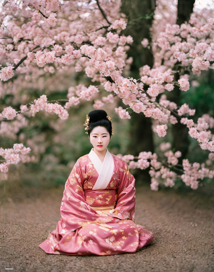 Traditional Pink Kimono Woman Sitting Under Cherry Blossom Canopy