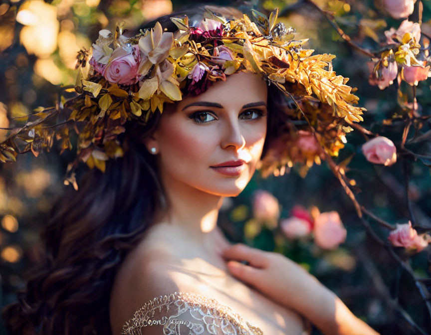 Woman with Floral Crown and Wavy Hair Among Soft-Focus Blooms