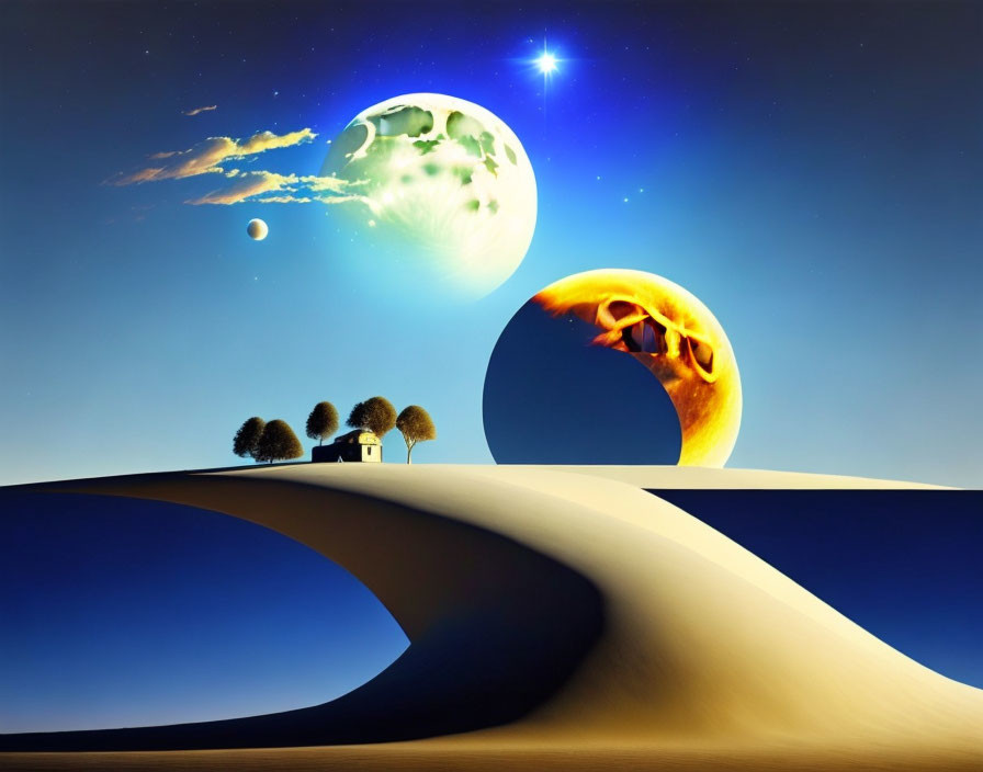 Surreal twilight landscape with sand dune, house, trees, and celestial bodies