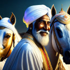 Traditional Attire Man Smiling with White Horses at Dusk