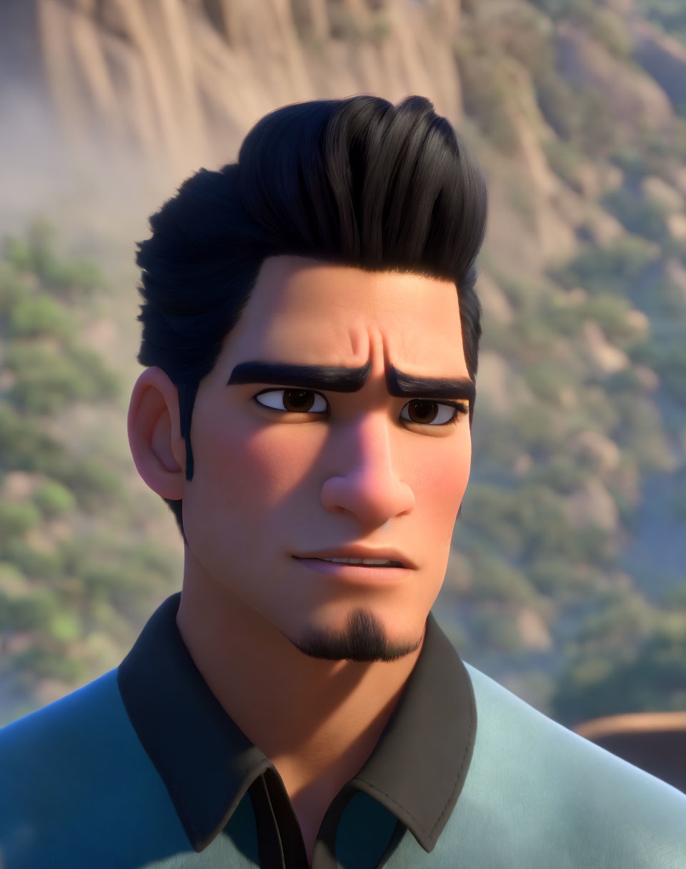 Dark-haired male character with prominent eyebrows in 3D animation against natural backdrop