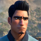 Dark-haired male character with prominent eyebrows in 3D animation against natural backdrop