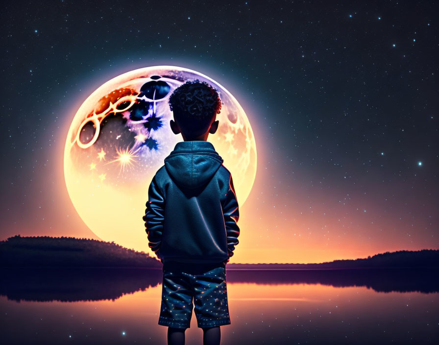 Child admires fantastical moonrise over serene lake and starry sky