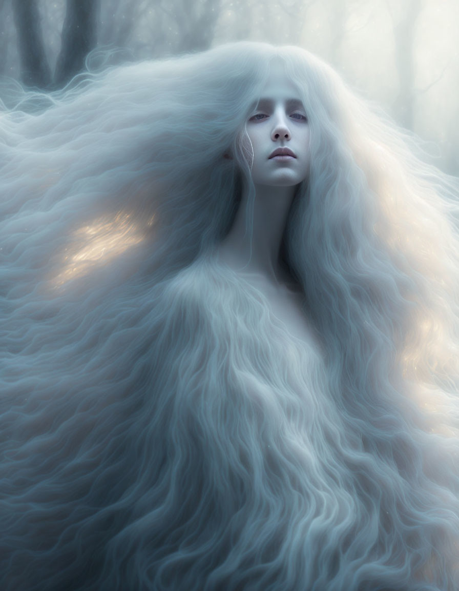 Person with Voluminous White Hair in Ethereal Forest