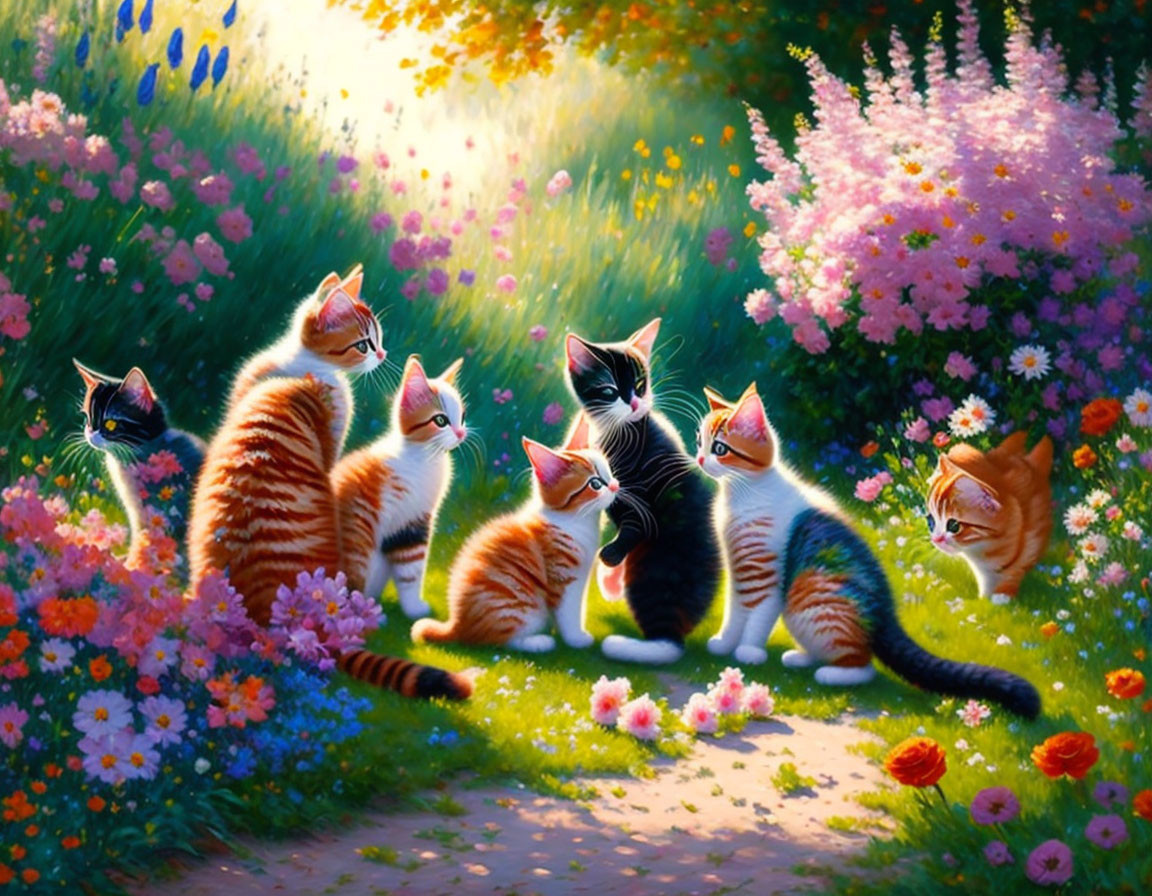 Colorful Painting: Six Cats in Lush Garden with Bright Flowers