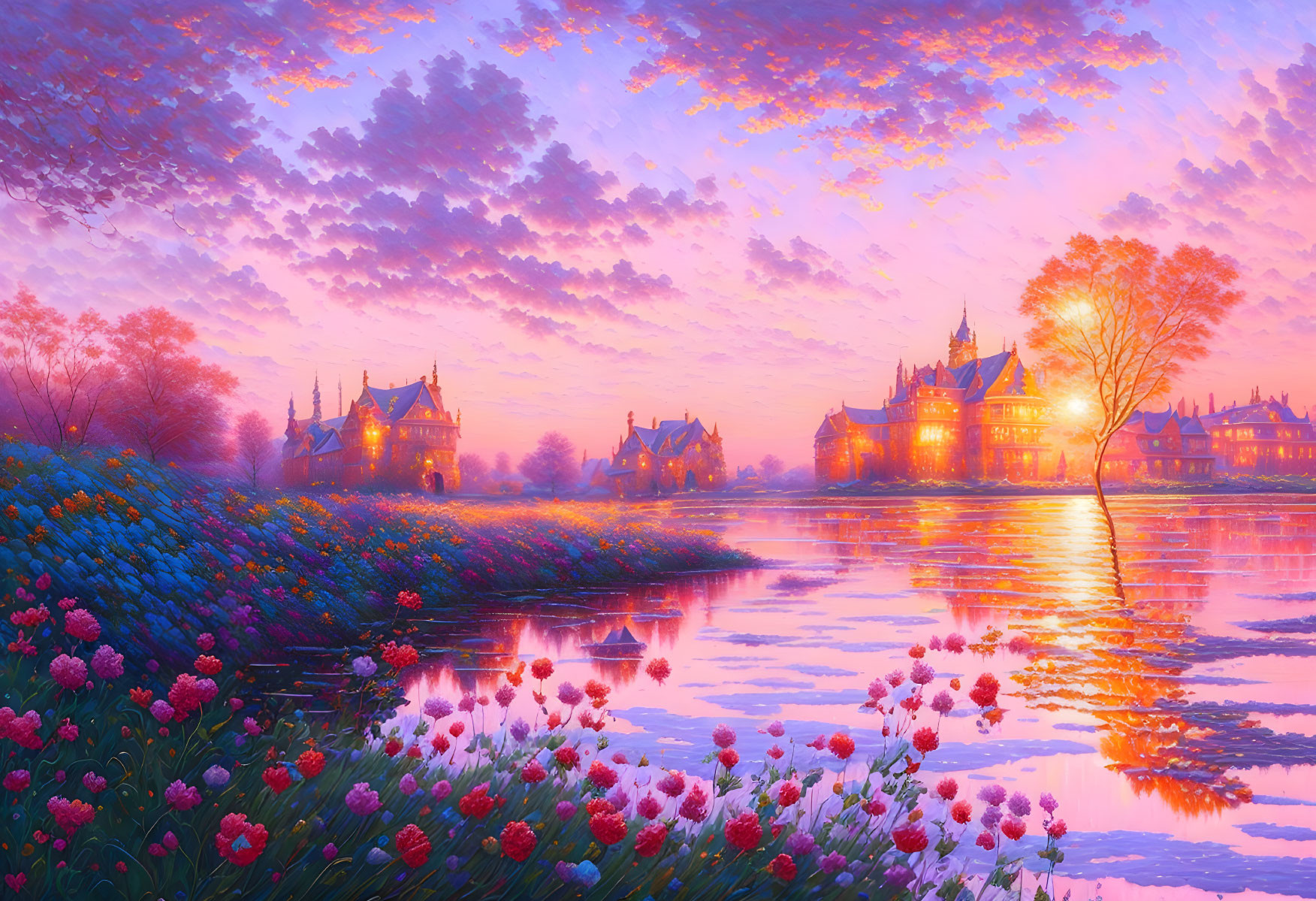 Vibrant purple sunset over tranquil lake with flowers and distant castles
