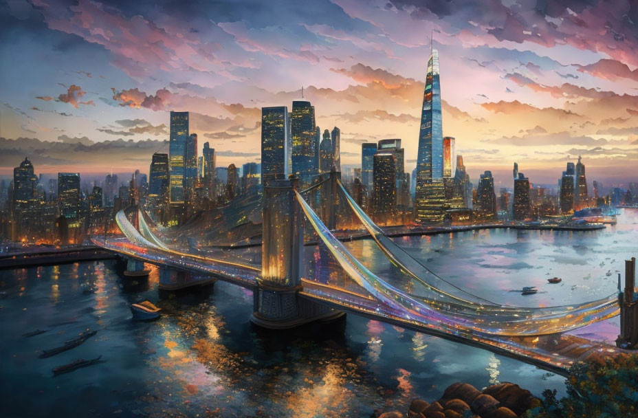 Futuristic cityscape at dusk with luminous skyline & bridge
