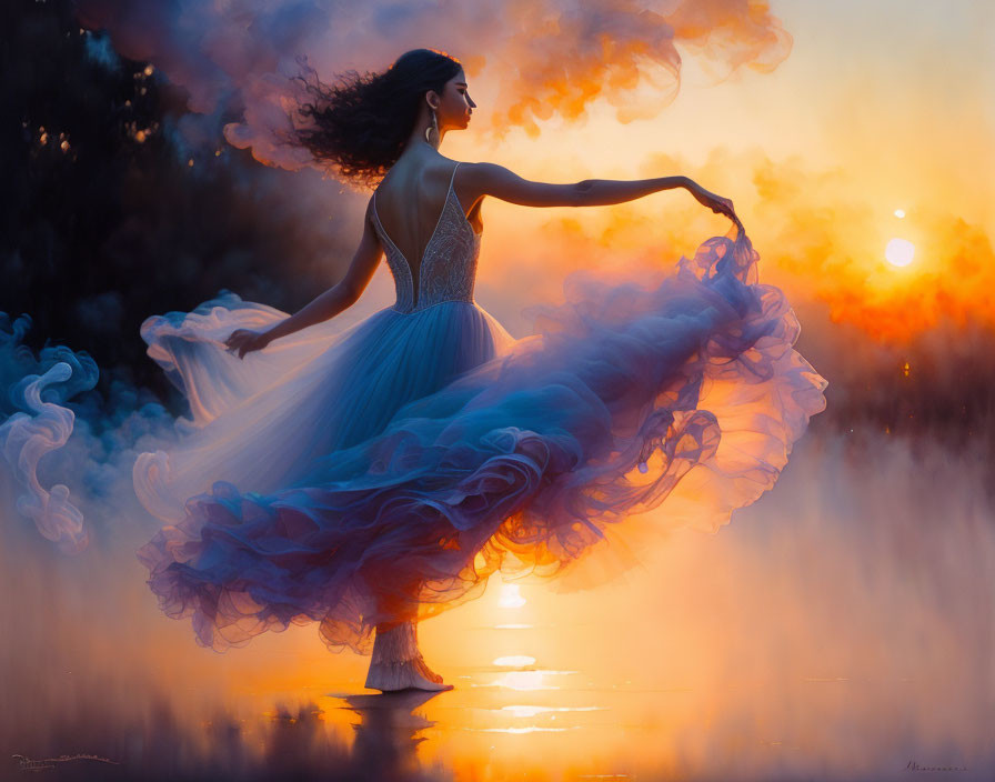 Woman in flowing blue dress dances in misty sunset scene