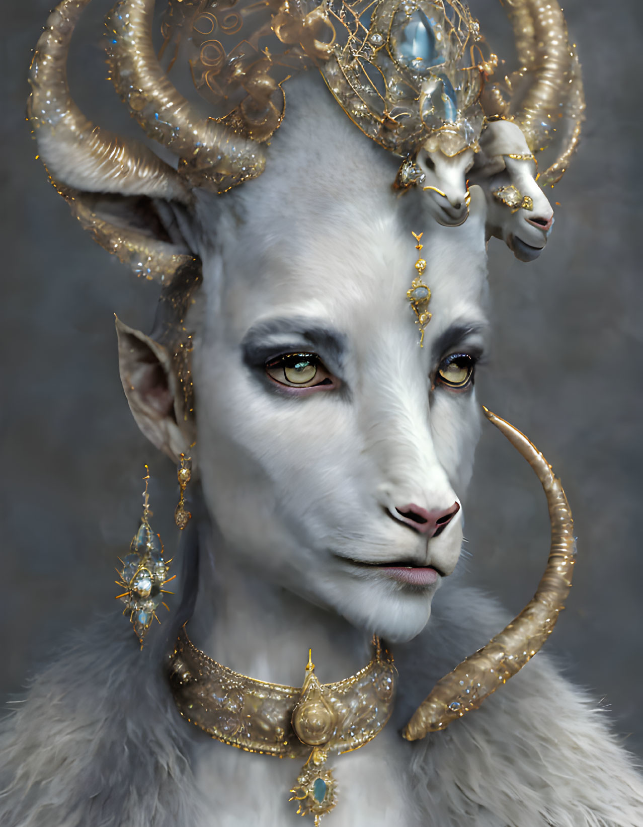 Fantasy creature with ram-like horns and golden jewelry.