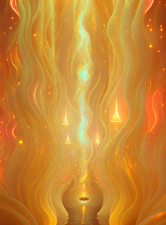 Abstract art with warm tones, wavy patterns, and floating lantern-like elements