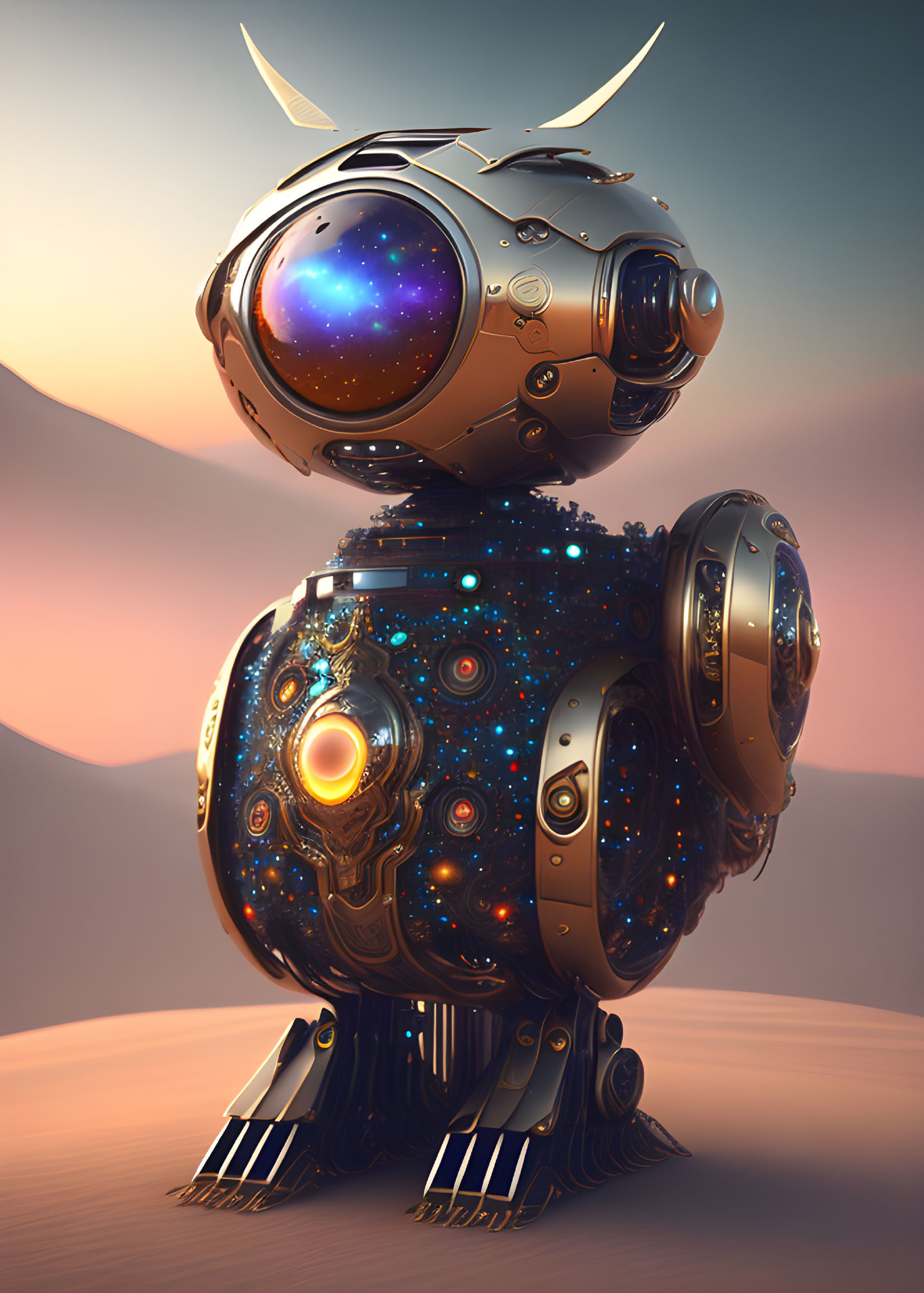 Futuristic spherical robot with cosmic patterns on mechanical feet