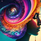Colorful digital artwork: Woman's profile with flowing galaxy hair on neon background